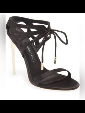 Jessica Rich Black Lace-Up Cutout Stiletto Sandals with Gold Heel